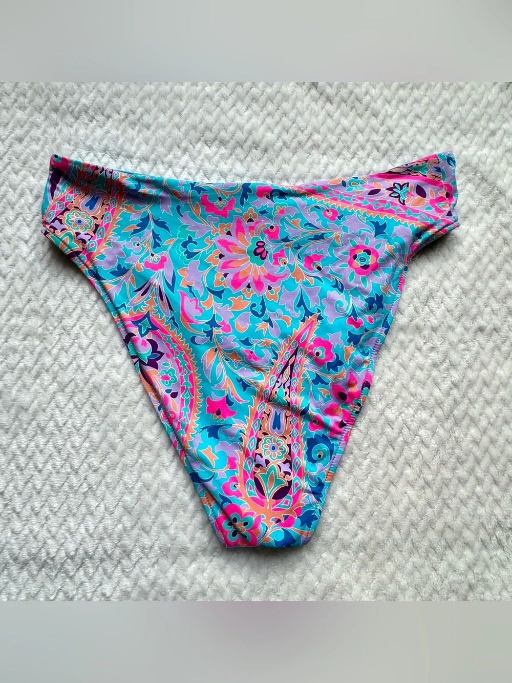 Frankie's Bikinis Scarf Bikini Bottom L Side Tie Blue Multicolor Paisley Hi Leg